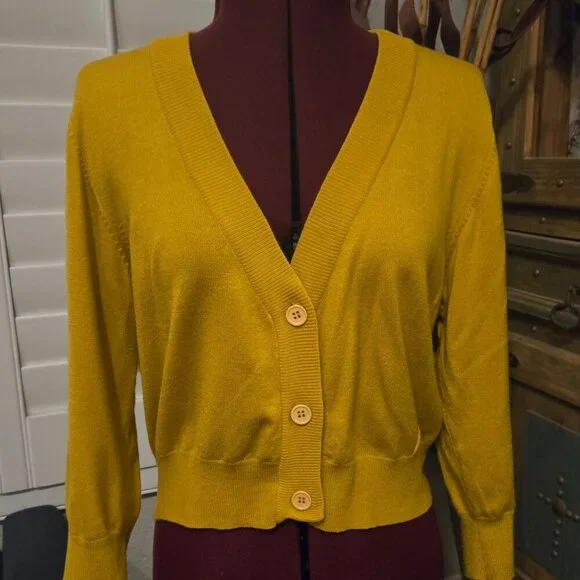 MAK XL Cropped Cardigan 3/4 Sleeve Soft Lightweight Stretchy Mustard 💛 90s- Y2K - Picture 4 of 15
